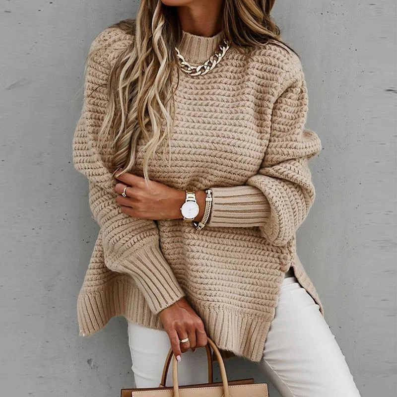 Autumn and winter half-height collar loose solid color long sleeve knit sweater Cotton Fabric Linen Fabric Terry Fabric Autumn and winter half-height collar loose solid color long sleeve knit sweater Cotton Fabric Linen Fabric Terry Fabric