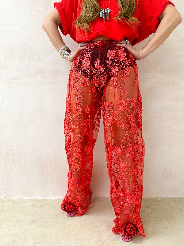 Wide Leg Floral Applique Lace Trousers In Red Trousers Solid Black