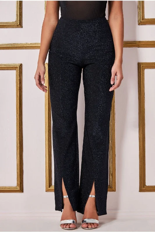 Goddiva Wide Leg Lurex Trouser - Navy Trousers Bridal Satin