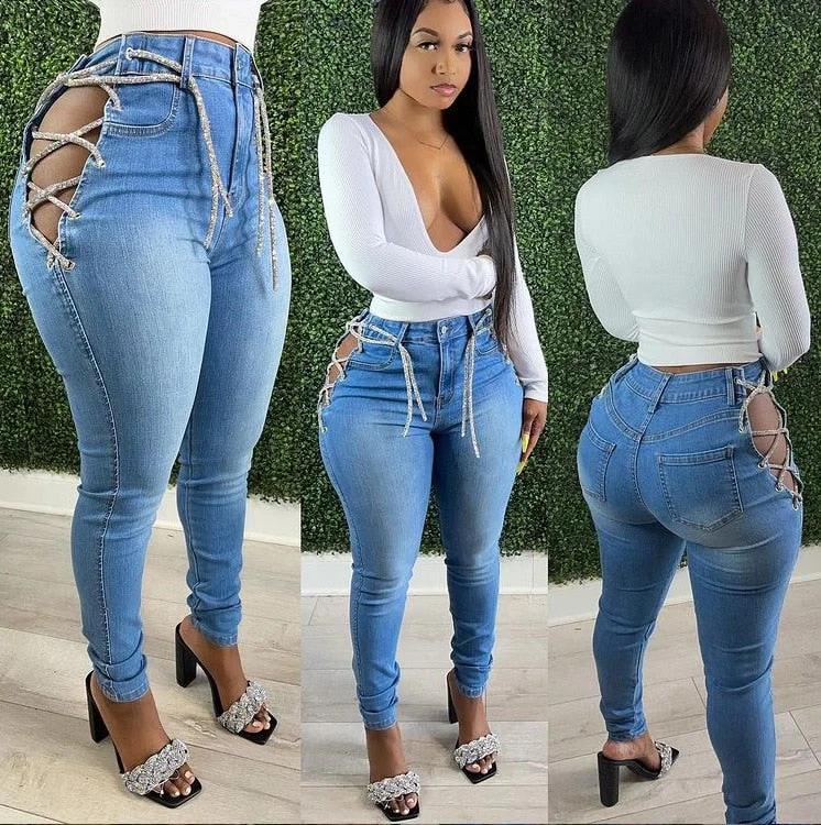 Echoine 2022 Autumn Blue Denim Pencil Pants Hight Waist Trousers Skinny Bodycon Sexy Hollow Out Jeans Streetwear Party Club Trousers Leisure Comfortable
