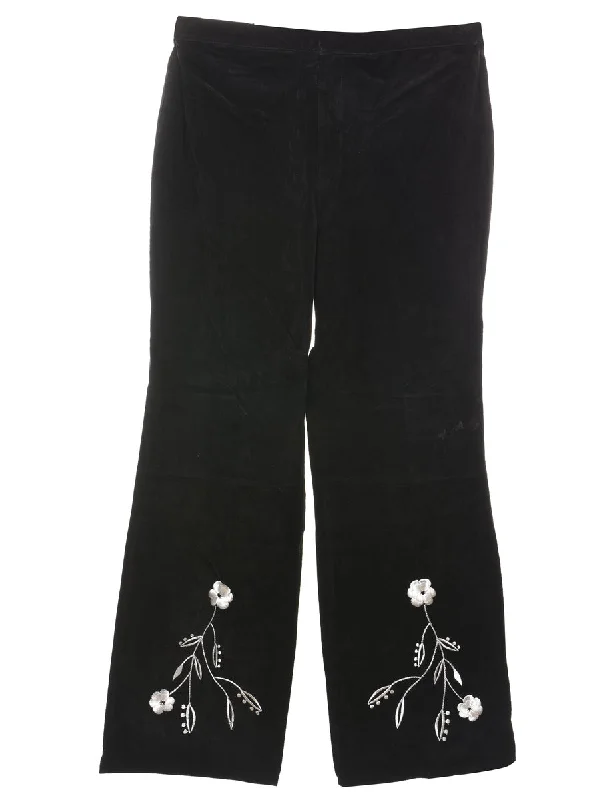 Black & White Suede 1990s Floral Embroidered Trousers - W32 L30 Trousers Pleated Formal Black & White Suede 1990s Floral Embroidered Trousers - W32 L30 Trousers Pleated Formal