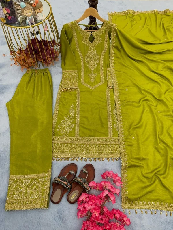 Green Chinon Silk Party Wear Suit with Intricate Embroidery - Front & Back Embroidery, Tassel Details - Cutwork Trousers, Hand-Embroidered Dupatta Trousers Summer Linen Green Chinon Silk Party Wear Suit with Intricate Embroidery - Front & Back Embroidery, Tassel Details - Cutwork Trousers, Hand-Embroidered Dupatta Trousers Summer Linen
