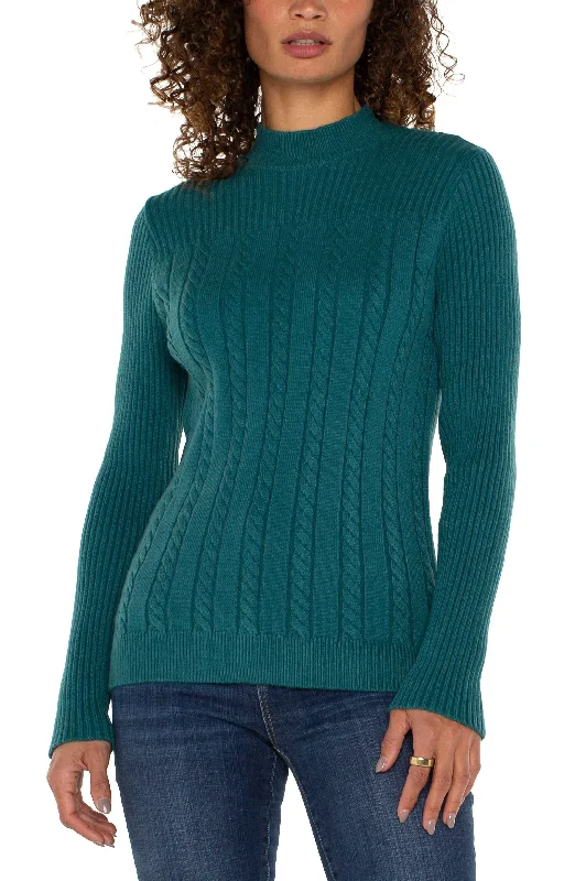 MOCK NECK CABLE SWEATER Mesh Blend Leather Blend Suede Blend
