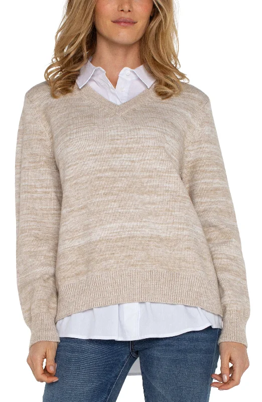 LONG SLEEVE TWOFER COLLARED SWEATER Satin Blend Silk Blend Wool Blend