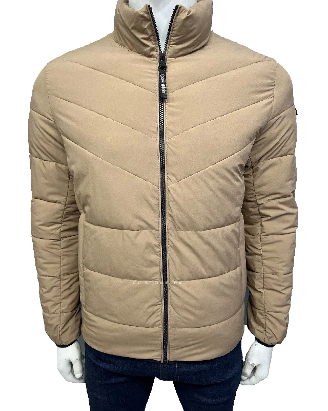 CK Khaki Cross Puffer Jacket Denim Fabric Leather Fabric Suede Fabric