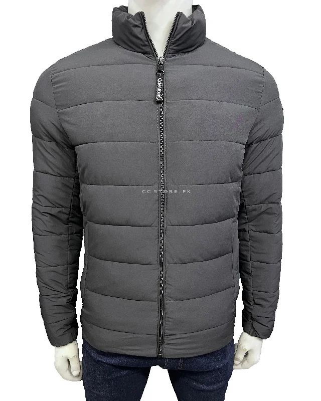 CK Dark Grey Horizontal Puffer Jacket Satin Fabric Silk Fabric Chiffon Fabric