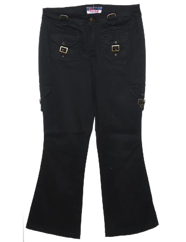 Black Y2K Flared Cargo Trousers - W32 L30 Trousers Summer Linen