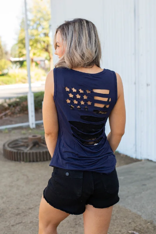 Oh Say Can You See Navy Tank Top with Flag Cutout in Back cozy tank top