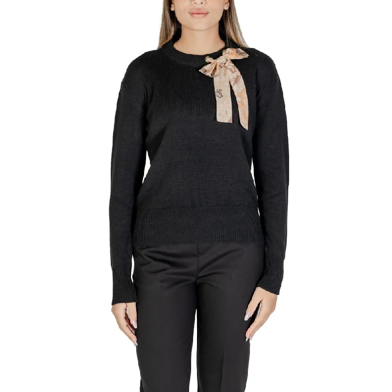 Alviero Martini Prima Classe Black Polyester Sweater Solid Color Striped Floral Print Alviero Martini Prima Classe Black Polyester Sweater Solid Color Striped Floral Print
