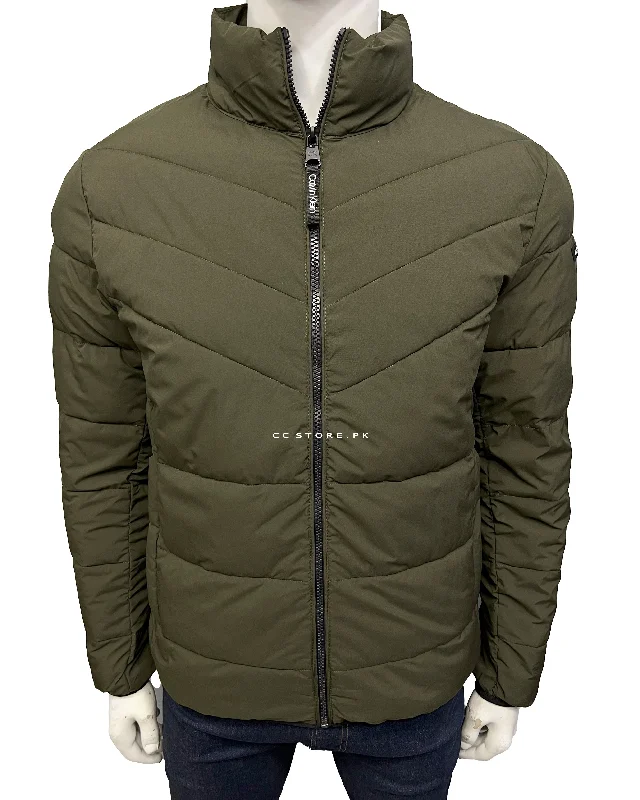 CK Green Cross Puffer Jacket Notch Collar Peter Pan Collar Cowl Neck