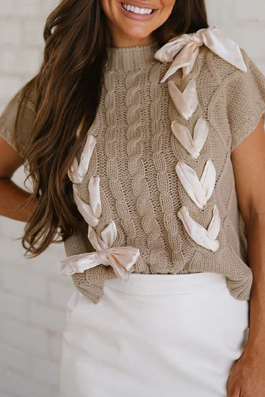 Simply Taupe Cable Knit Colorblock Satin Bowknot Short Sleeve Sweater Mesh Sweater Canvas Denim