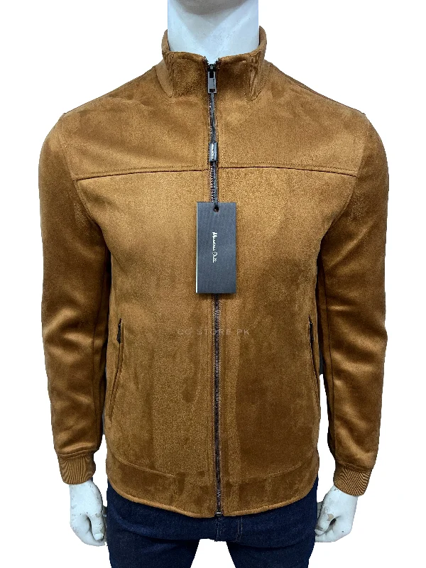 MD Suede Camel Slim Fit Jacket A-Line Jacket Boat Neck Shawl Collar