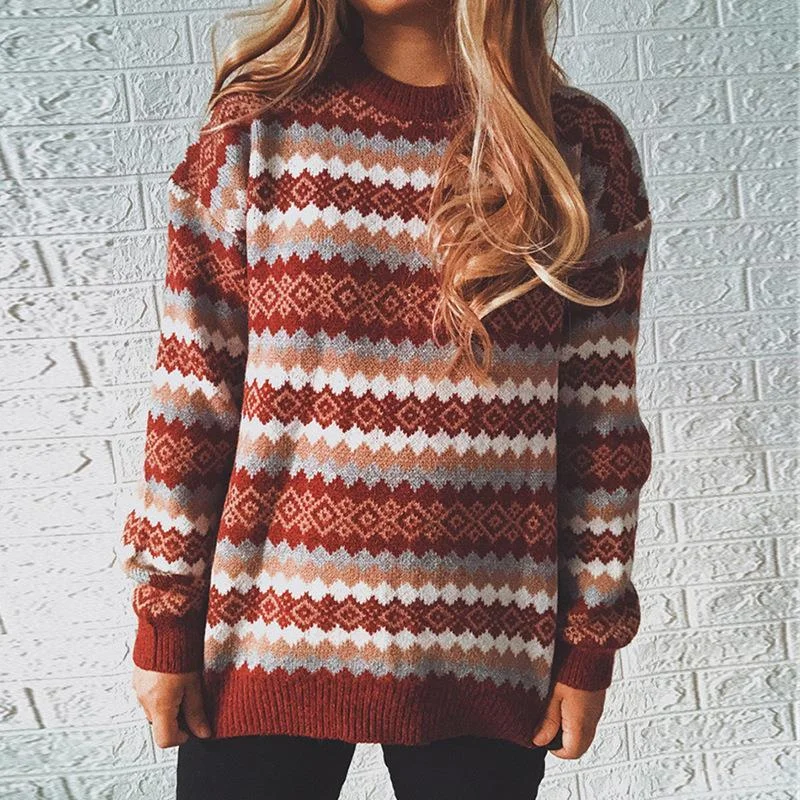 Peekabu  Autumn and Winter Vintage Pattern Crewneck Long Sleeve Knitted Turtleneck Sweater Boxy Sweater Fitted Sweater A-Line