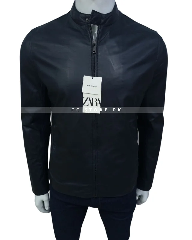 ZR Slim Fit Real Leather Dark Navy Blue Jacket Wool Jacket Cashmere Jacket Tweed Jacket