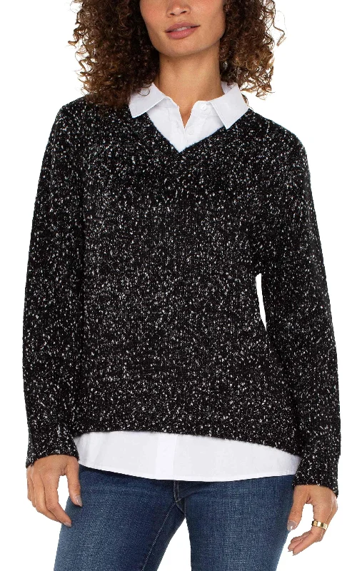 LONG SLEEVE TWOFER COLLARED SWEATER Spandex Blend Rayon Blend Denim Blend