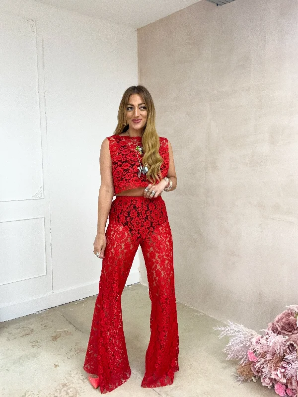 Fairytale Lace Extreme Flare Trousers In Red Trousers Fall Fleece
