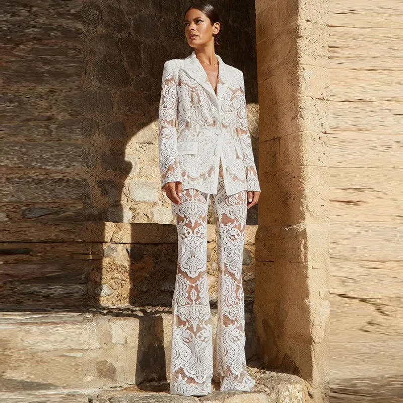 Mesh Heavy Embroidery Sequined Blazer Trousers Suit Two Piece Set Trousers cozy soft