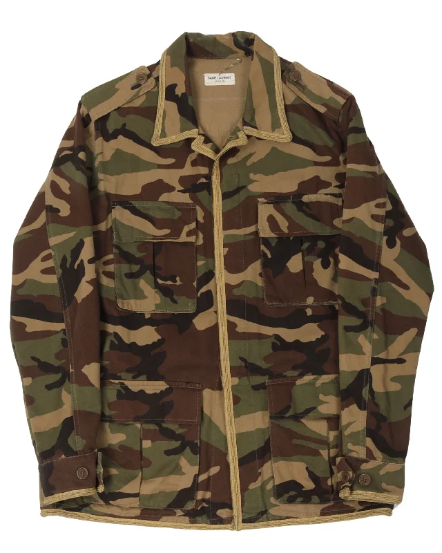 Gold Trim Camouflage Field Jacket Notch Collar Peter Pan Collar Cowl Neck