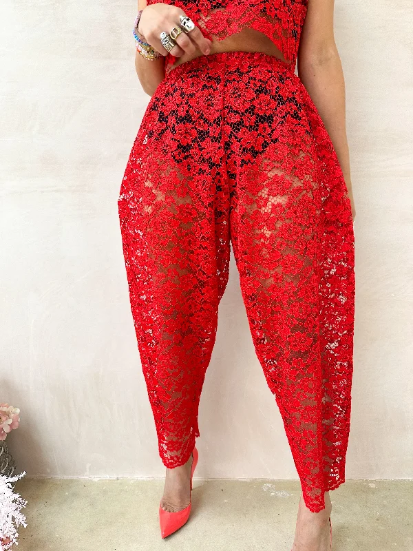 Sweet Dreams Lace Balloon Trousers In Red Trousers Designer Luxury