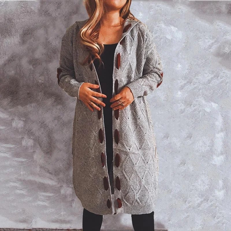 Autumn winter thickened velvet leather stitching knitted long hooded sweater Ribbed Striped Patterned Autumn winter thickened velvet leather stitching knitted long hooded sweater Ribbed Striped Patterned