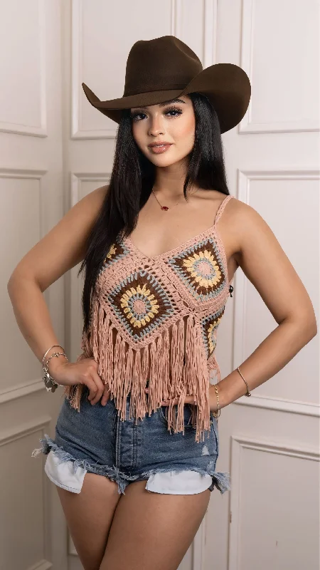 Rock & Roll Denim Crochet Tank With Fringe BW20T03878 JJ cropped tank top