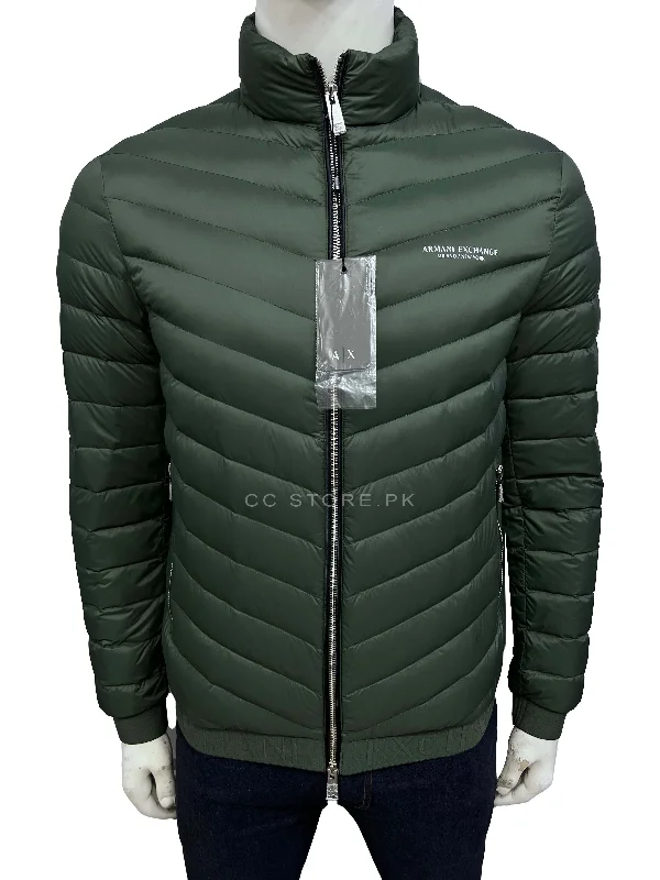 AX Packable Duck Down Green Puffer Jacket Boat Neck Shawl Collar Notched Collar