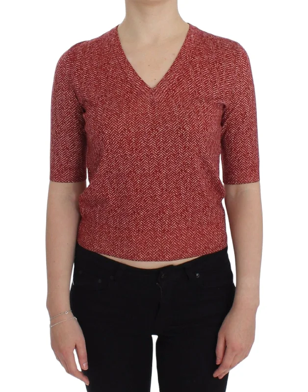 Dolce & Gabbana Enchanting Red Tweed V-Neck Sweater Turtle Neck Boat Neck Asymmetrical Neck Dolce & Gabbana Enchanting Red Tweed V-Neck Sweater Turtle Neck Boat Neck Asymmetrical Neck