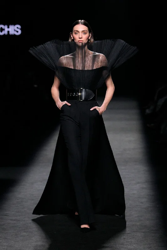 Pleated top featuring trousers with cape Trousers versatile functional