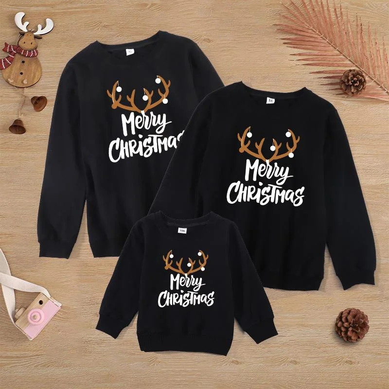 Merry Christmas Matching Family Sweater (Antler Design) Glossy Satin Silk