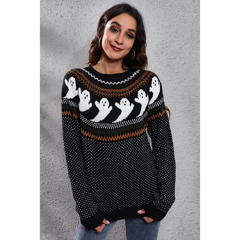 Ghost Pattern Round Neck Long Sleeve Sweater Modern Contemporary Chic