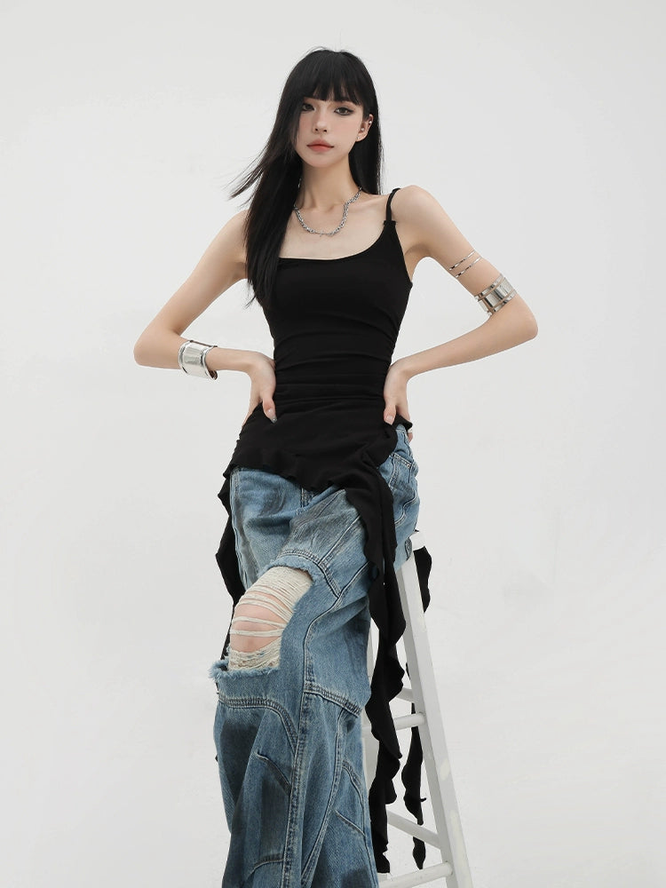 Black Asymmetric Ribbon Strap Tank Top With Ruffle Edge Design long tank top